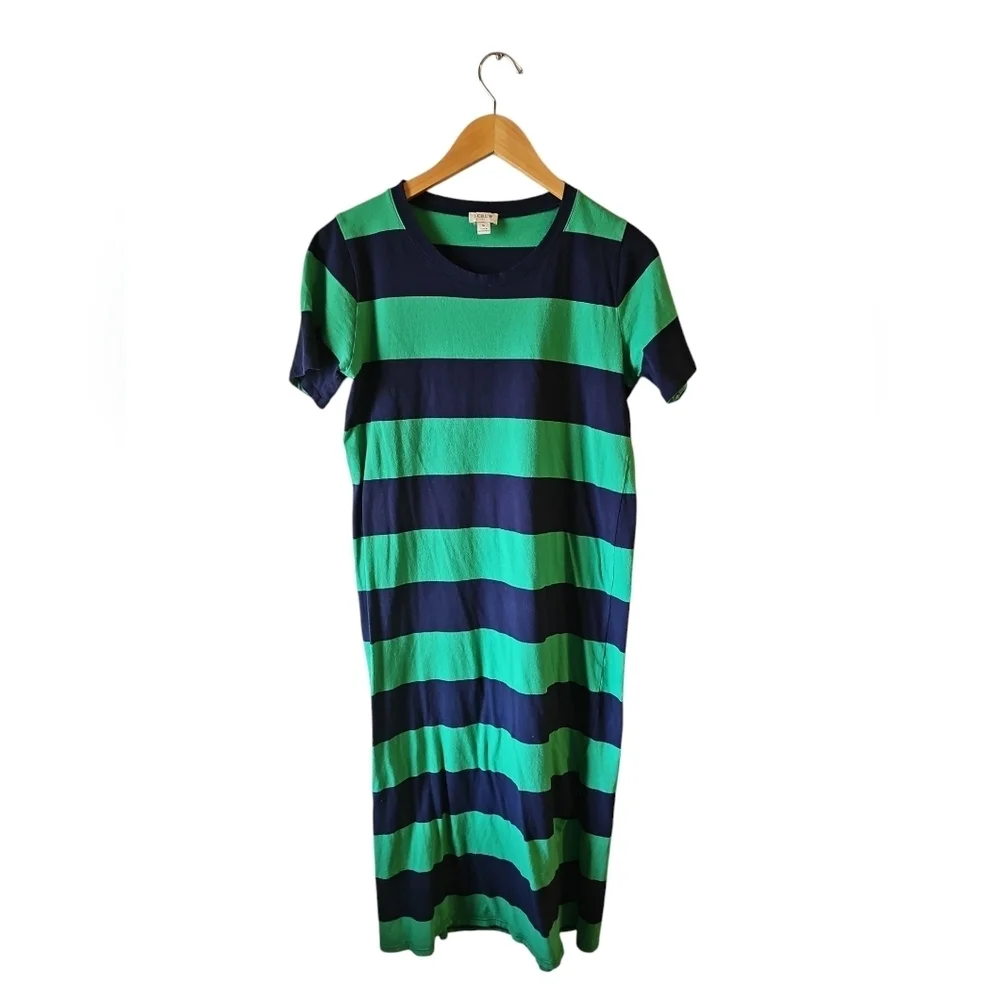 J. Crew Striped Green and Blue Midi Cotton T Shirt Dress Sz Small